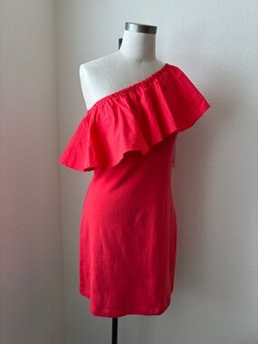 a new day sz XS Coral Single Shoulder Ruffle Body Con Dress New 100% Cotton BBQ